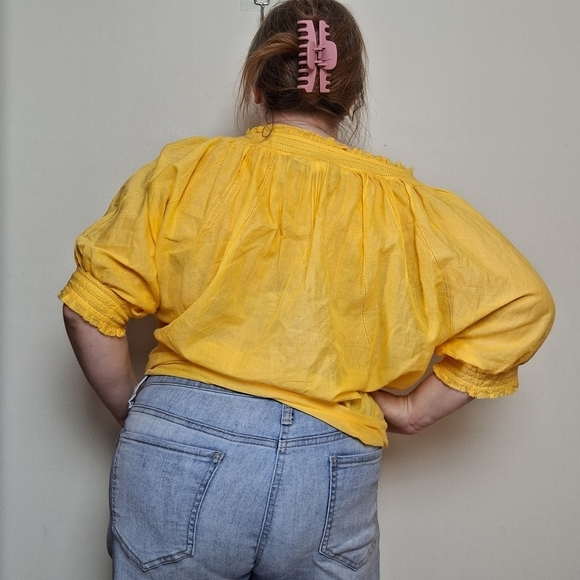 Diane von Furstenberg Yellow Gauzy Cotton Ruffle Short Sleeve Blouse Size 10 - Picture 2 of 11